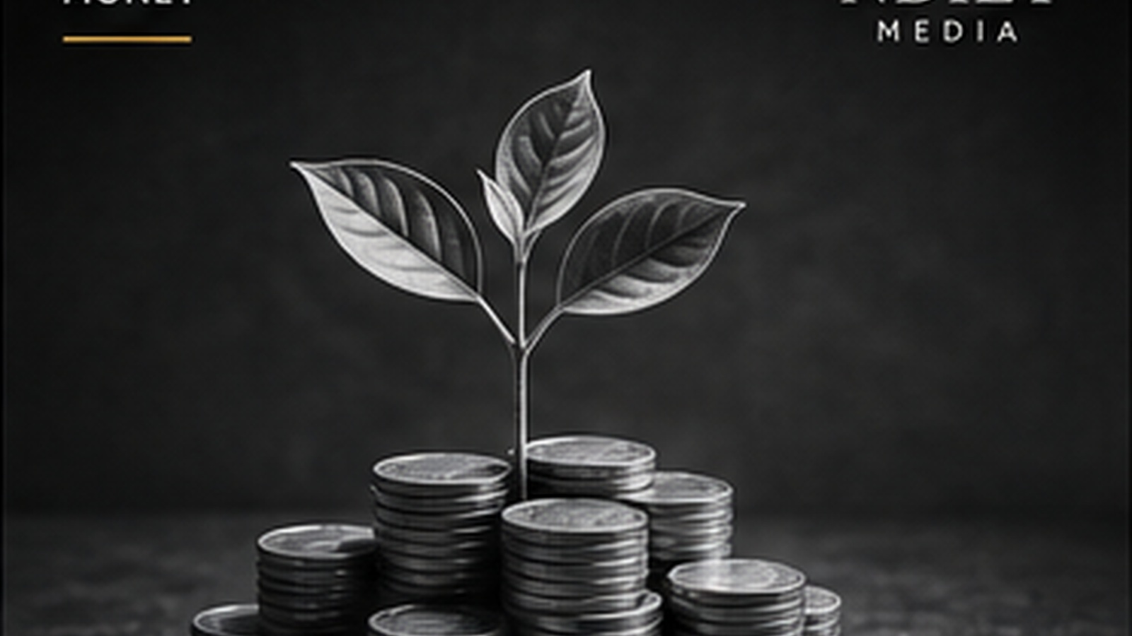 Monochrome editorial image of a plant growing from stacks of coins, representing the foundations of long-term wealth building.