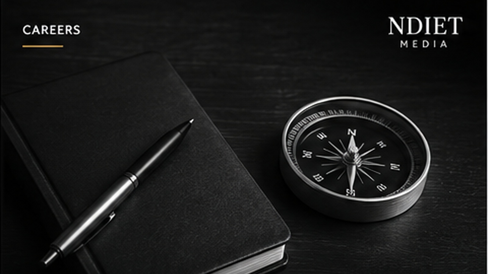 Monochrome editorial image of a notebook, pen and compass, representing career direction, judgement and durable professional value.