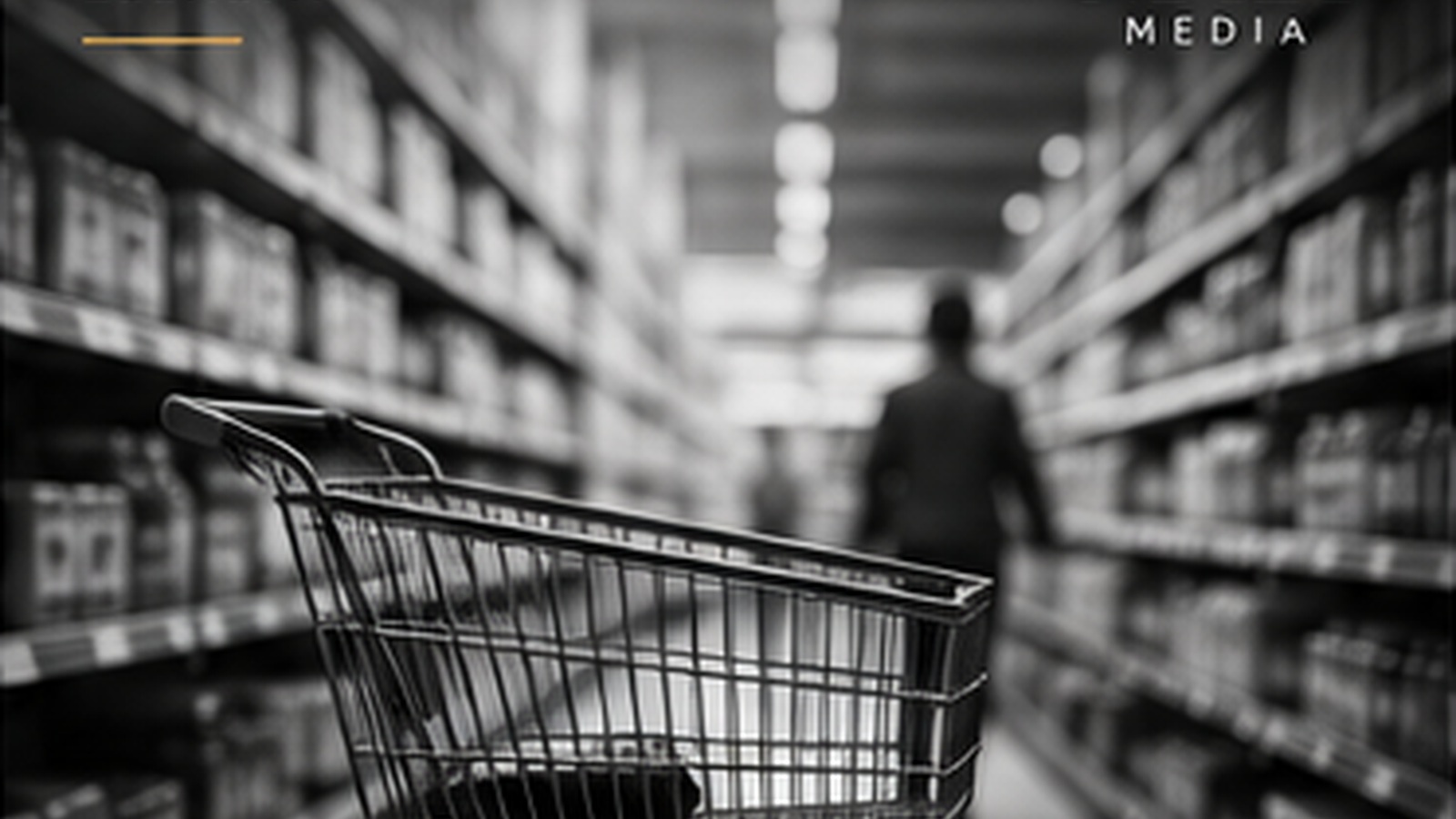 Monochrome editorial image of a shopping trolley in a supermarket aisle, representing how inflation changes purchasing behaviour.