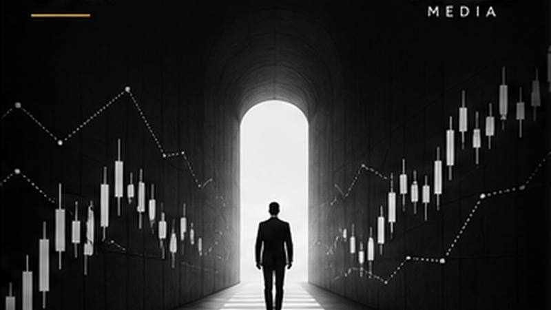 Monochrome editorial image of a figure walking between contrasting financial market charts, representing expectations and surprise.